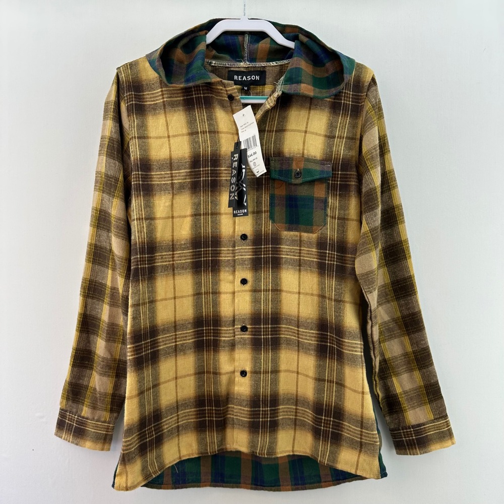 REASON Rustic Copper Plaid Hooded Shirt‎ Jacket Mens Size M Button Up Flannel - Picture 3 of 12